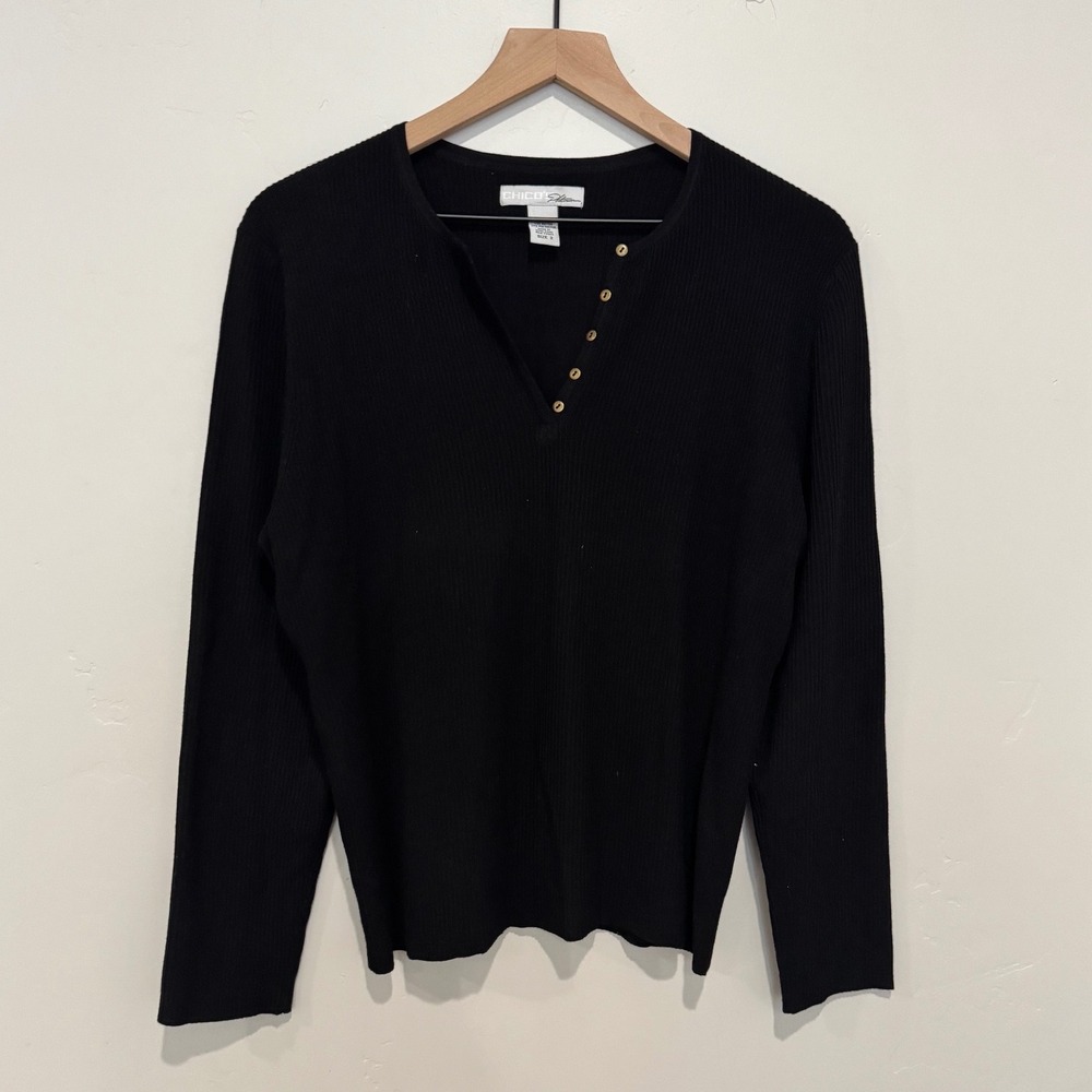 Chico's Black Ribbed Long Sleeve Henley Shirt Minimalist Capsule Basic L Size 2